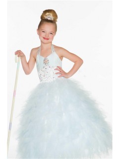 Cute Princess Halter White Puffy Tulle Beading Flower Girl Pageant Dress