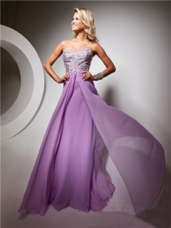 Cute Sweetheart Floor Length Lilac Chiffon Prom Dress With Beading