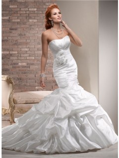 Designer Mermaid Strapless Ruched Taffeta Wedding Dress With Flowers