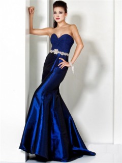Designer Mermaid Sweetheart Long Royal Blue Taffeta Chiffon Evening Wear Dress