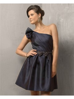 Elegant A Line One Shoulder Short/ Mini Black Satin Cocktail Evening Dress