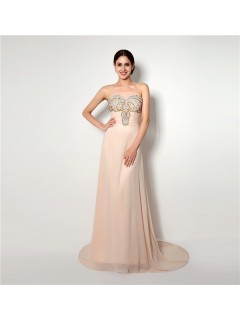 Elegant A Line Strapless Long Light Peach Chiffon Beaded Prom Dress