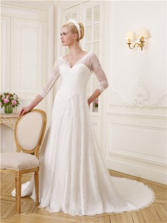 Elegant A Line V Neck And Back 3/4 Length Sleeve Lace Wedding Dress