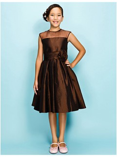 Elegant A line Princess Short Chocolate Brown Taffeta Junior Bridesmaid Dress