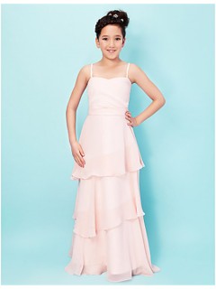Elegant A line Princess Spaghetti Strap Long Pink Chiffon Junior Bridesmaid Dress