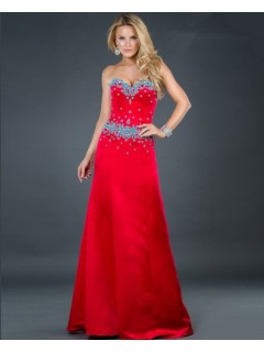 Elegant A line sweetheart long red beaded satin evening dress with train