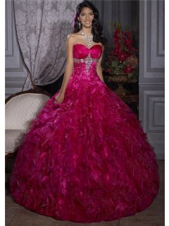 Elegant Ball Gown Red Organza Quinceanera Dress With Beading Ruffles
