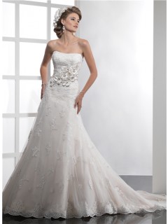 Elegant Couture Mermaid Strapless Lace Wedding Dress With Flowers Sash Crystals