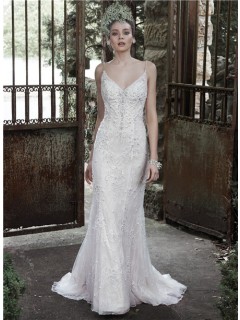 Elegant Fitted Sweetheart Low Back Lace Pearl Beaded Wedding Dress With Spaghetti Straps
