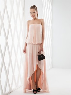 Elegant High Low Strapless Peach Chiffon Draped Party Prom Dress Detachable Straps Shawl