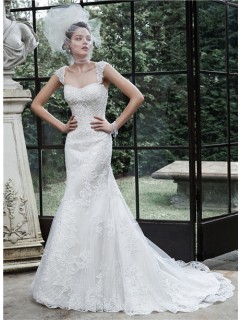 Elegant Mermaid Open Back Lace Beaded Wedding Dress With Detachable Straps