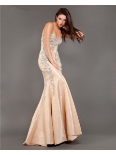 Elegant Mermaid Strapless Champagne Taffeta Beaded Evening Prom Dress