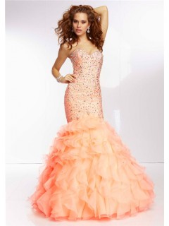 Elegant Mermaid Sweetheart Light Orange Organza Ruffle Prom Dress Corset Back