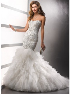 Elegant Mermaid Sweetheart Satin Tulle Wedding Dress With Beading Crystals