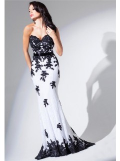 Elegant Mermaid Sweetheart White And Black Tulle Lace Long Prom Dress With Sash