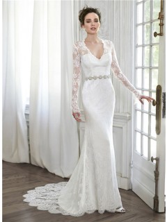 Elegant Mermaid V Neck Illusion Back Long Sleeve Lace Wedding Dress