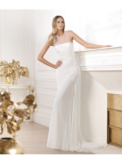 Elegant Sheath Sheer Illusion Scoop Neckline Tulle Chiffon Beaded Sequin Wedding Dress