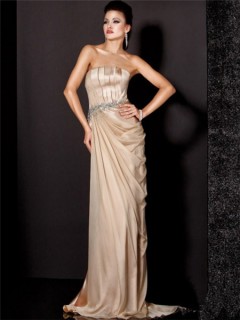 Elegant Sheath Strapless Long Champagne Silk Beaded Evening Dress