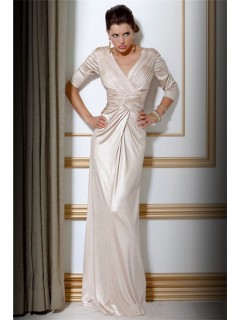 Elegant Slim Sheath V Neck Long Ivory Silk Evening Dress With Sleeve