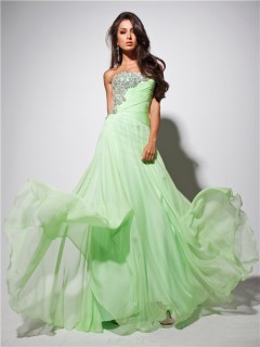 Elegant Strapless Long Light Green Chiffon Prom Dress With Beading