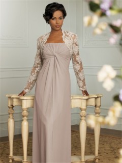 Elegant floor length light brown chiffon mother of the bride dress with lace jacket