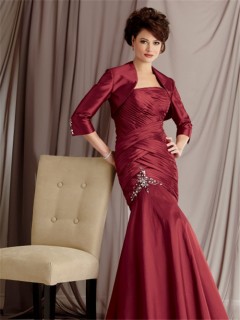 Elegant mermaid floor length burgundy taffeta mother of the bride dress with jacket
