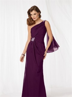 Elegant one shoulder floor length purple chiffon mother of the bride dress