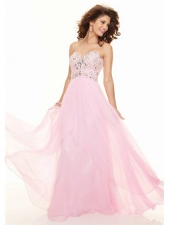 Elegant sheath sweetheart floor length pink chiffon prom dress with beading