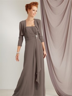 Elegant strapless floor length grey chiffon mother of the bride dress with jacket
