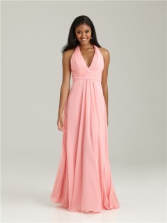 Empire halter floor length long pink chiffon bridesmaid dress