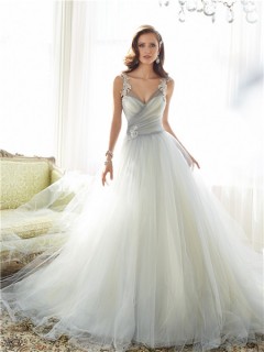 Fairy Ball Gown Illusion V Neckline Grey Tulle Lace Applique Wedding Dress Sheer Straps