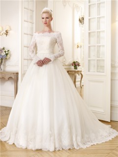Fairy Ball Gown Off The Shoulder Long Sleeve Organza Lace Wedding Dress With Sash