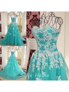 Fairy Princess Ball Gown Strapless Aqua Tulle Lace Prom Dress