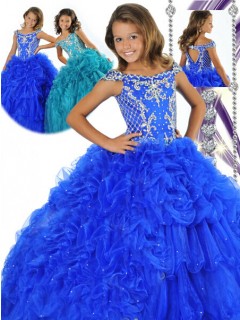 Fancy Ball Gown Royal Blue Tulle Beaded Girls Pageant Party Prom Dress