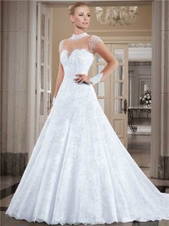 Fantastic High Neck Illusion Long Sleeve Lace Tulle Pearl Wedding Dress