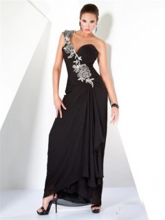 Fantastic One Shoulder Long Black Ruched Chiffon Floral Beaded Evening Wear Dress