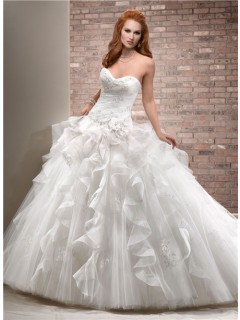 Fantasy Ball Gown Sweetheart Tulle Organza Ruffle Big Puffy Wedding Dress