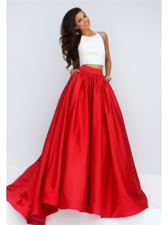 Fashion A Line Halter Two Piece White And Red Silk Satin Prom Dress With Pockets