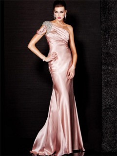 Fashion Couture One Shoulder Long Light Pink Silk Beaded Evening Wear Dress