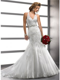 Fashion Sexy Mermaid V Neck Tulle Lace Wedding Dress With Straps Backless