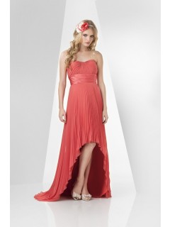Fashion Strapless High Low Coral Charmeuse Chiffon Pleated Wedding Party Bridesmaid Dress