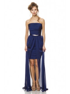 Fashion Strapless Short Midnight Blue Chiffon Pleated Party Bridesmaid Dress Removable Skirt