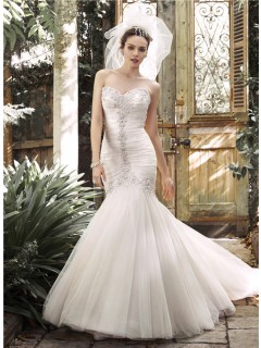 Fashion Trumpet Mermaid Ruched Tulle Crystal Corset Wedding Dress