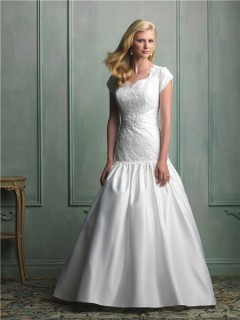 Fit And Flare Mermaid Cap Sleeve Lace Taffeta Modest Wedding Dress With Pearls Belt