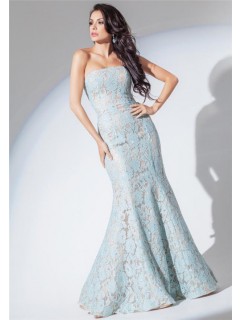 Fit And Flare Mermaid Strapless Light Blue Lace Evening Prom Dress