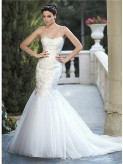 Fit And Flare Mermaid Strapless Tulle Applique Corset Wedding Dress