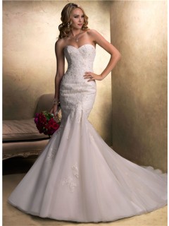 Fit And Flare Mermaid Sweetheart Beaded Lace Organza Wedding Dress With Sash