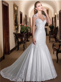 Fit And Flare Queen Anne Neckline Cap Sleeve Tulle Lace Mermaid Wedding Dress