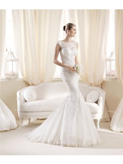 Fit Mermaid Bateau Neckline Cap Sleeves Lace Wedding Dress With Illusion Back