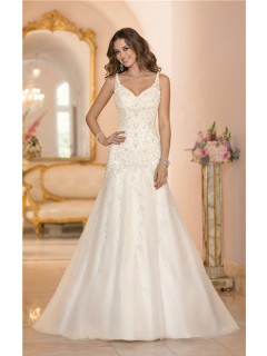 Fitted A Line Backless Ivory Satin Tulle Embroidery Wedding Dress With Straps